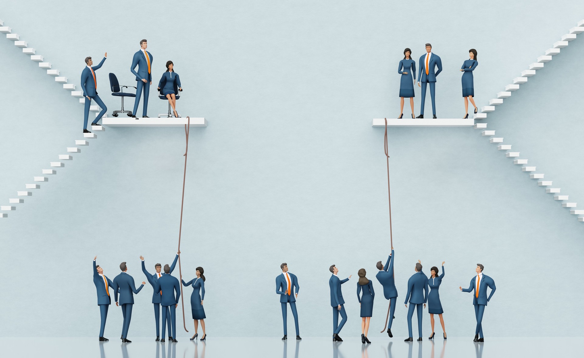 Businessman climbing up with the Tightrope. Abstract business environment with copy Space – 3D Rendering of Risk, achievement and Balance